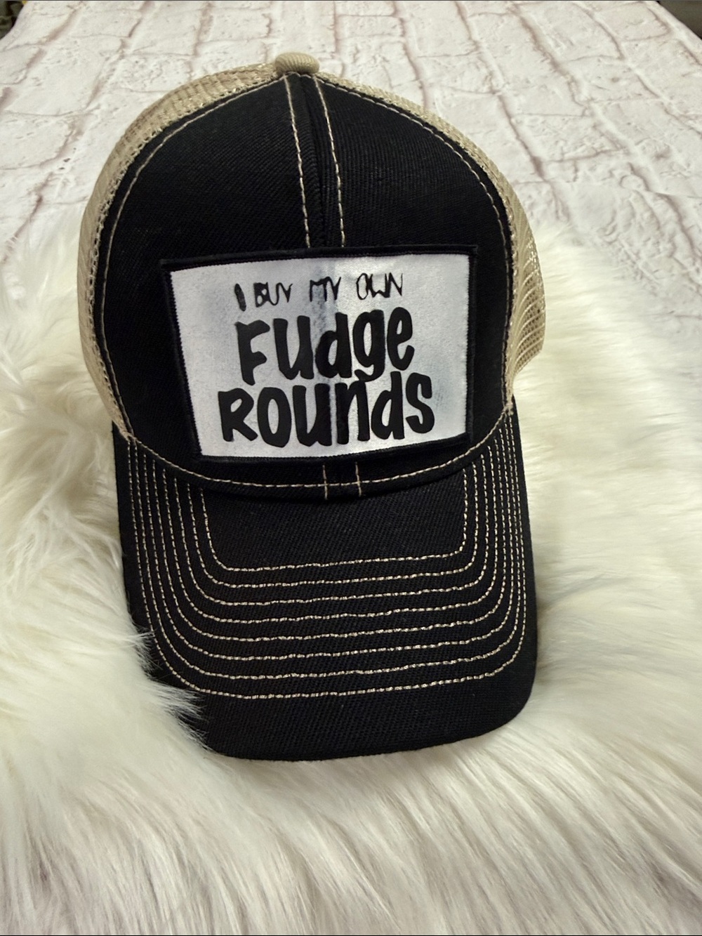 Trucker Hat- Black & Tan with 'I Buy My Own Fudge Rounds' unisex